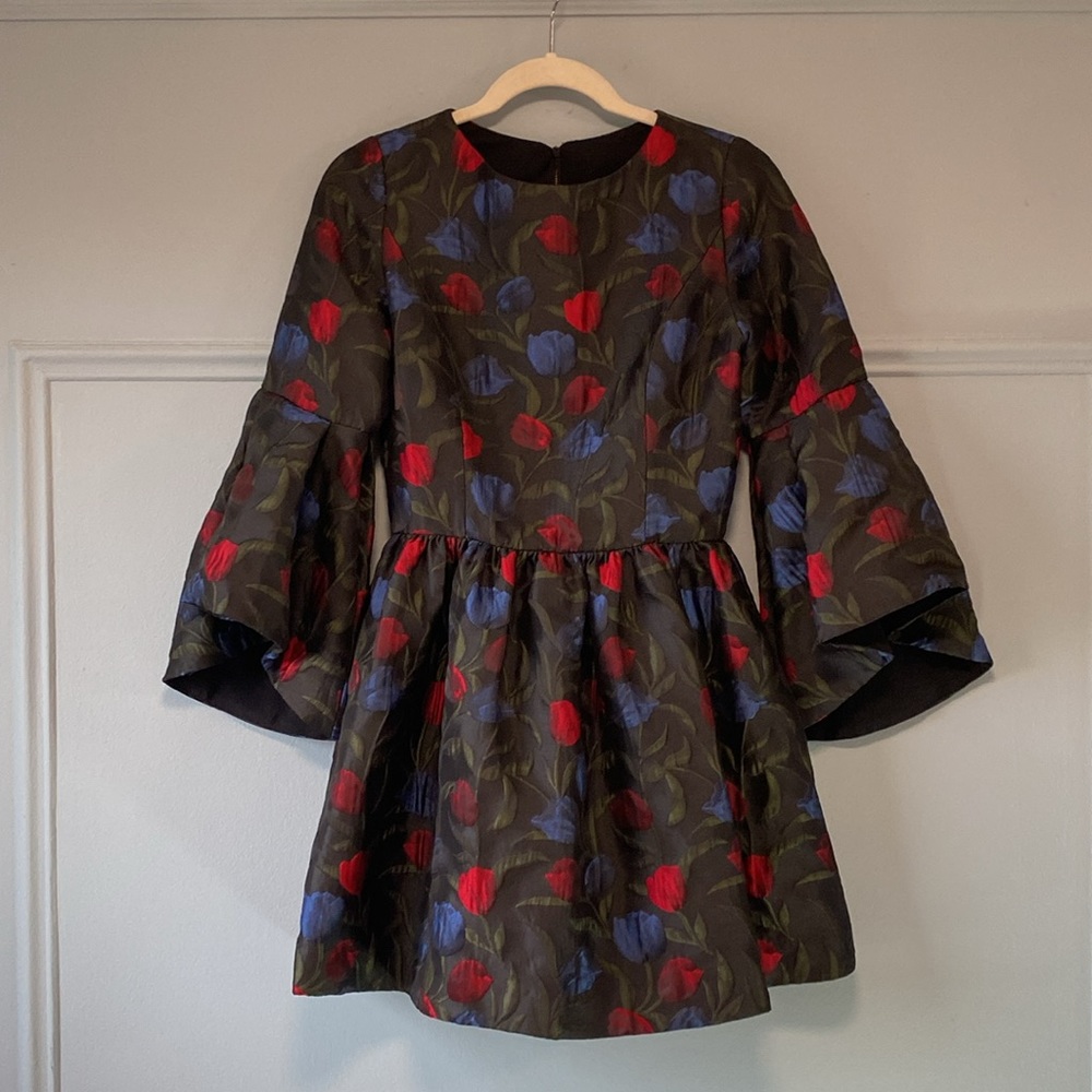 Voluminous Floral (Tulips) Holiday Party Mini Dress with Bell Sleeves
